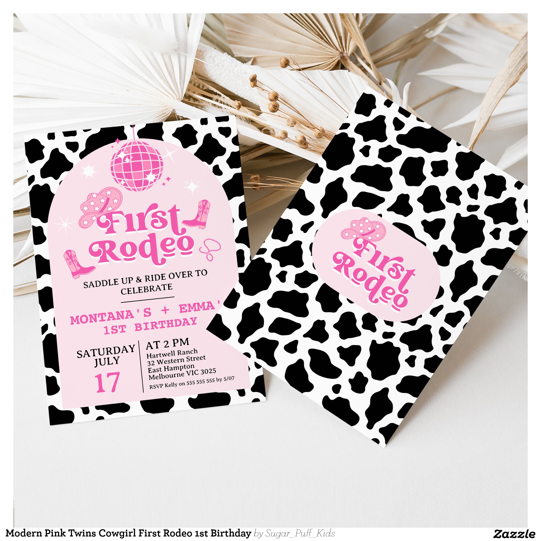 Modern Pink Twins Cowgirl First Rodeo 1st Birthday Invitation