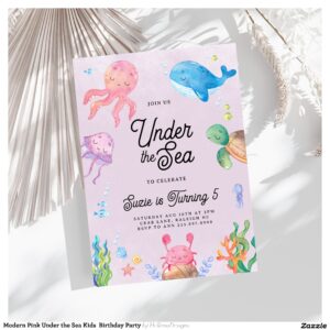 Modern Pink Under the Sea Kids  Birthday Party Invitation