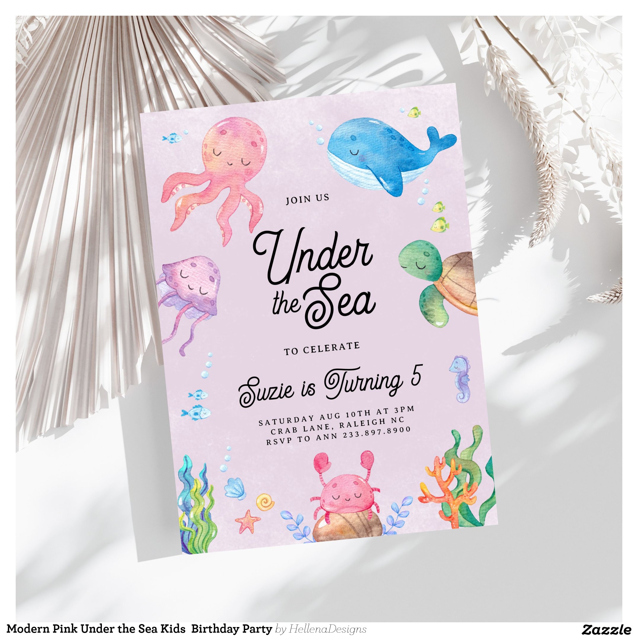 Modern Pink Under the Sea Kids  Birthday Party Invitation