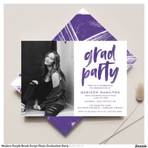 Modern Purple Brush Script Photo Graduation Party Invitation