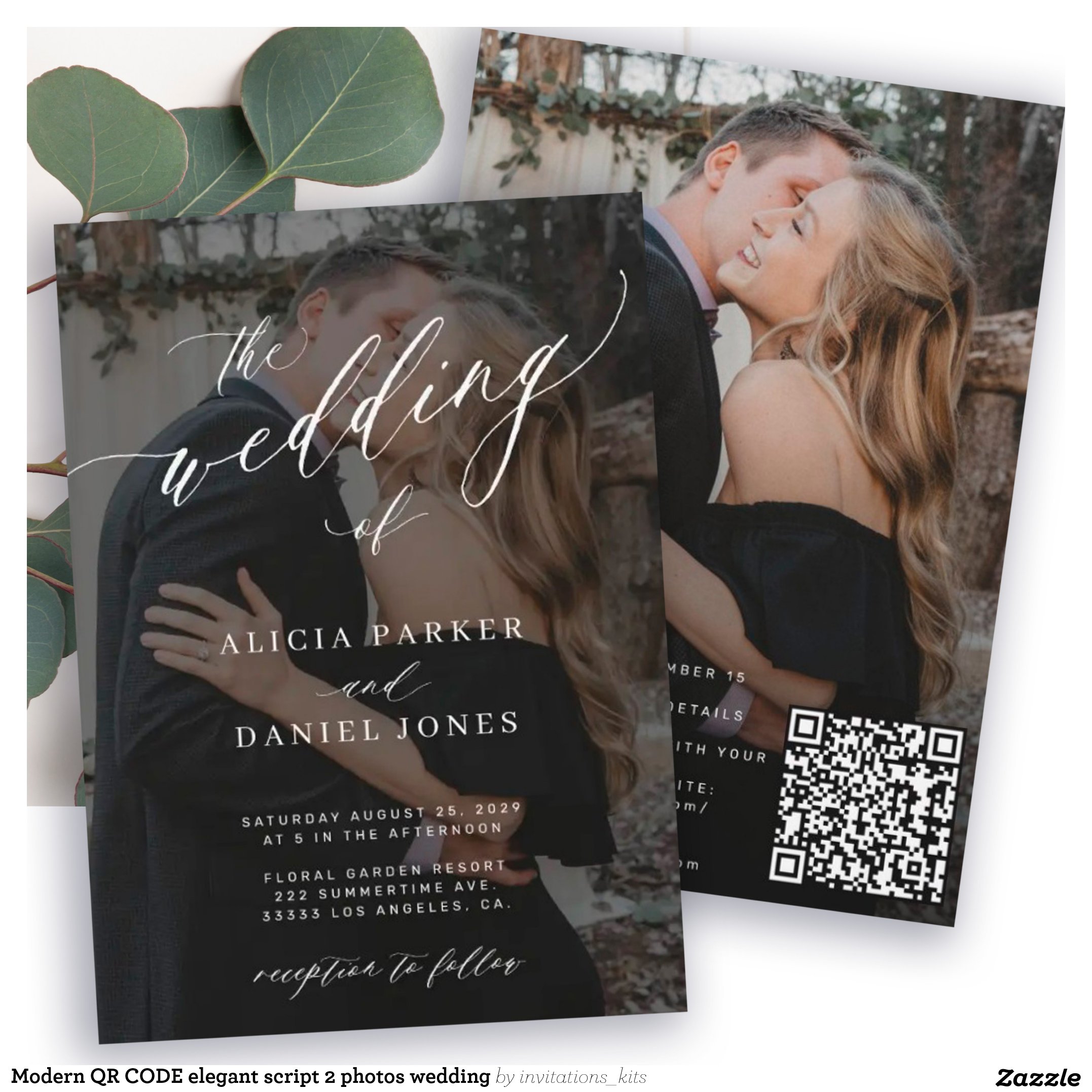 Modern QR CODE elegant script 2 photos wedding Invitation