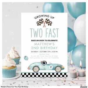 Modern Race Car Two Fast Birthday Invitation