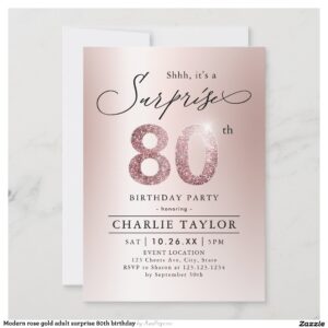 Modern rose gold adult surprise 80th birthday invitation