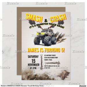 Modern SMASH & CRASH Monster Truck Birthday Party Invitation