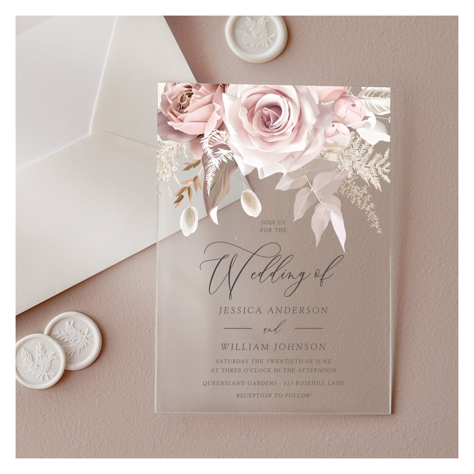 Modern Trendy Designer Dusty Rose Blush Wedding Acrylic Invitations