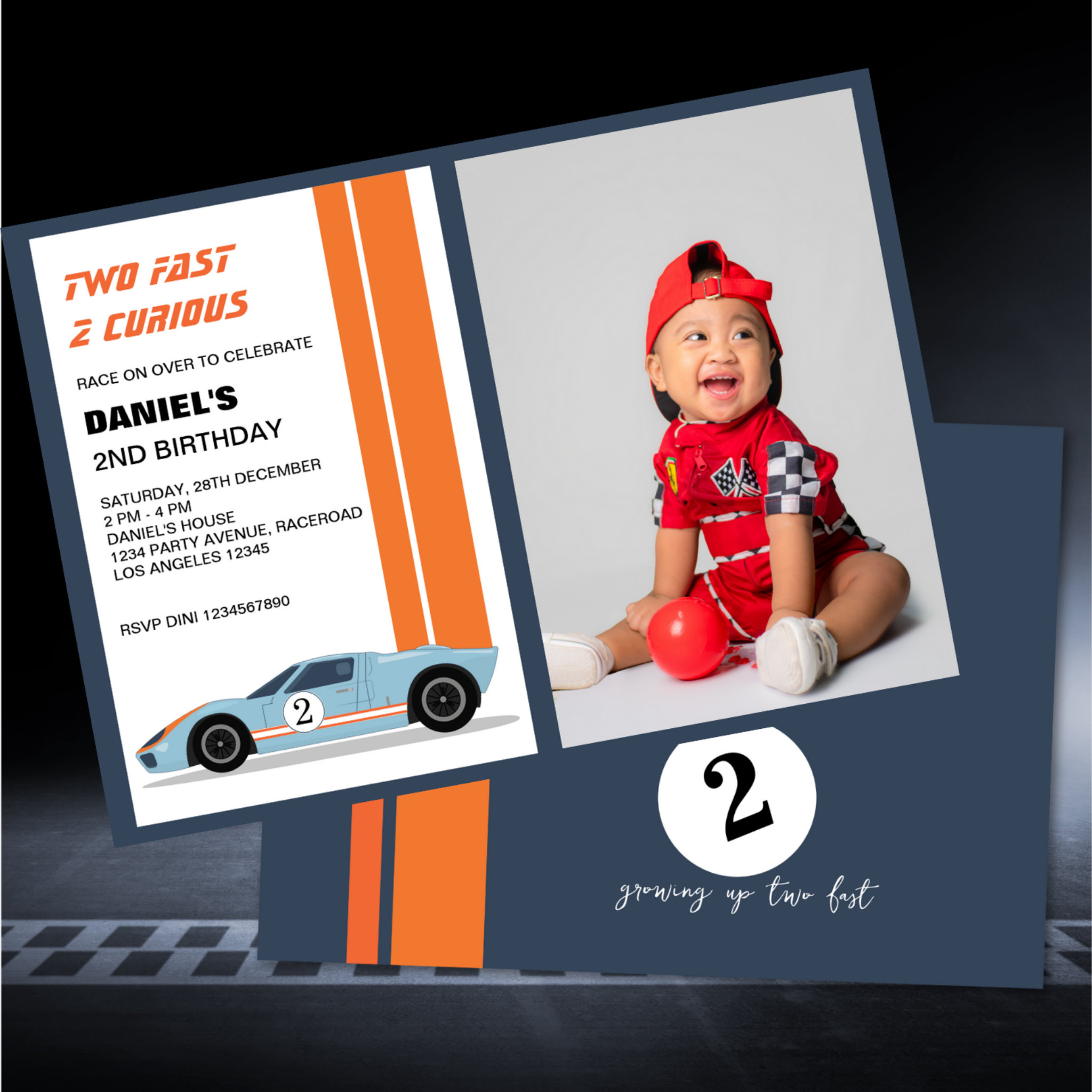 Modern Two Fast Race Car Boy 2nd Birthday Poto Invitation