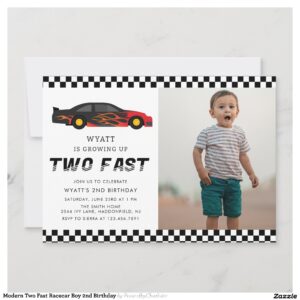 Modern Two Fast Racecar Boy 2nd Birthday Invitation