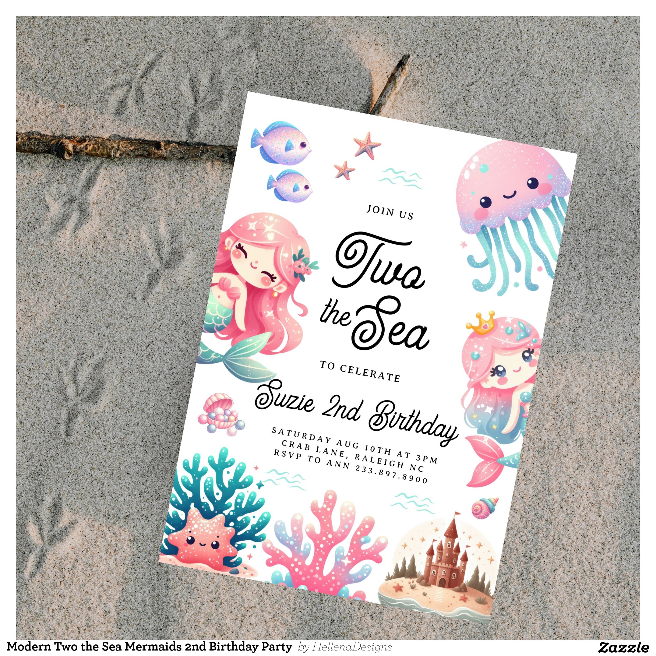 Modern Two the Sea Mermaids 2nd Birthday Party  Invitation