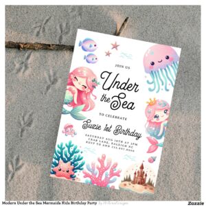 Modern Under the Sea Mermaids Kids Birthday Party  Invitation