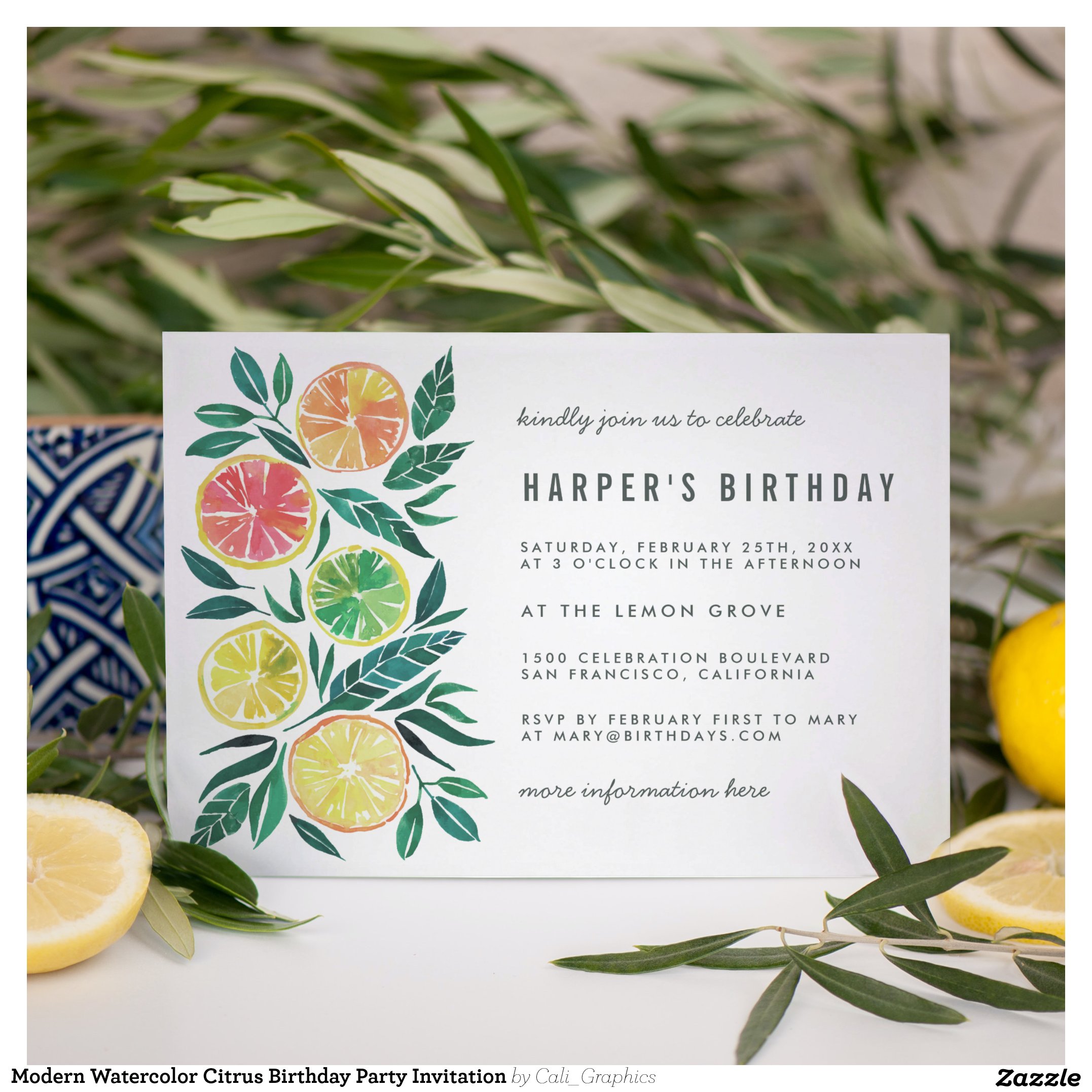Modern Watercolor Citrus Birthday Party Invitation
