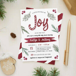 Modern Watercolor "Joy" Candy Cane Baby Shower Invitation