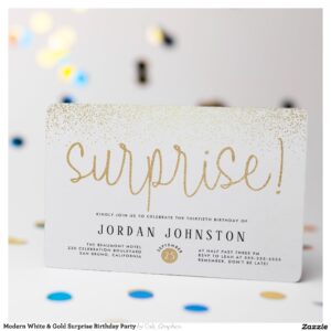 Modern White & Gold Surprise Birthday Party Invitation Postcard