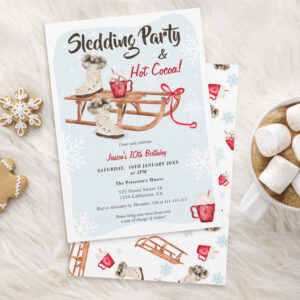 Modern winter snow sledding hot cocoa birthday invitation