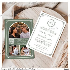 Monogram QR Code Photo Collage Sage Green Wedding Invitation