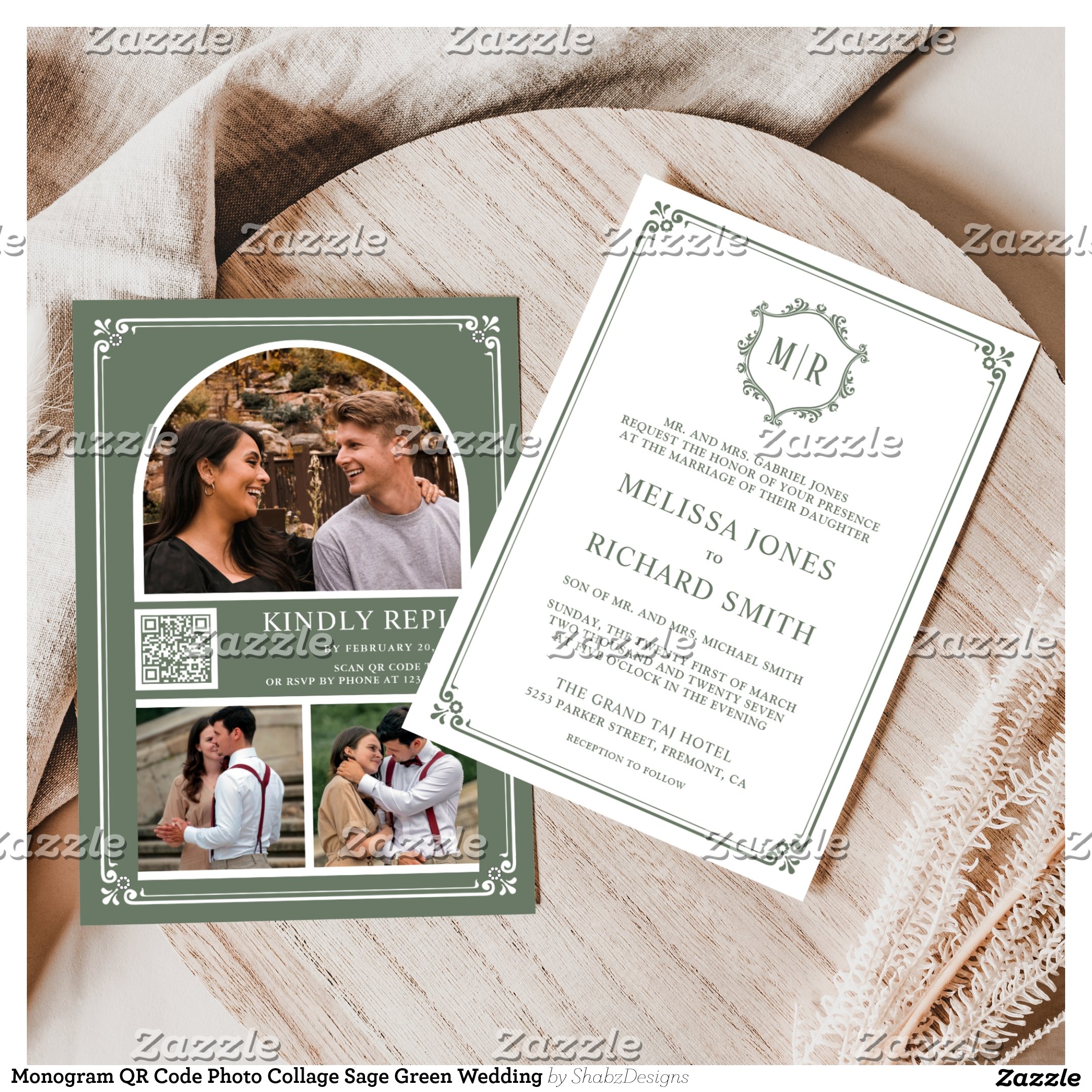 Monogram QR Code Photo Collage Sage Green Wedding Invitation