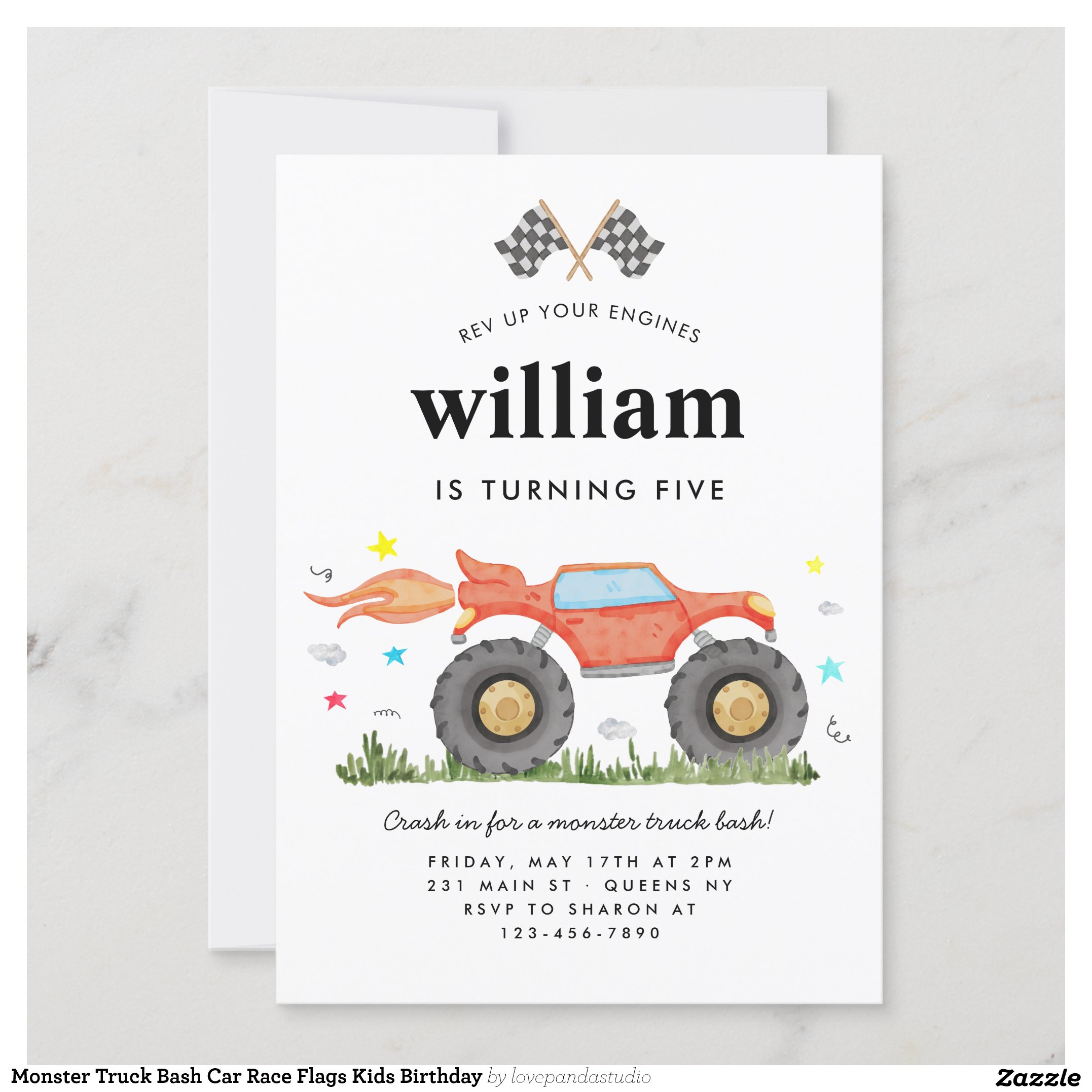 Monster Truck Bash Car Race Flags Kids Birthday Invitation