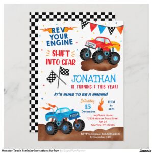 Monster Truck Birthday Invitations for boy