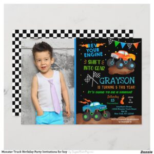 Monster Truck Birthday Party Invitations for boy