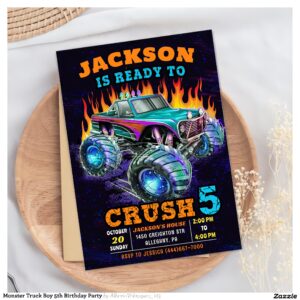 Monster Truck Boy 5th Birthday Party Invitation