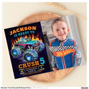 Monster Truck Boy 5th Birthday Photo Invitation