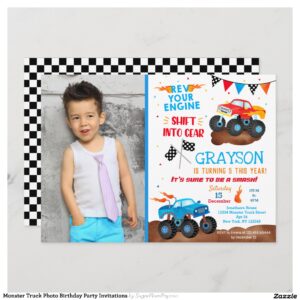 Monster Truck Photo Birthday Party Invitations