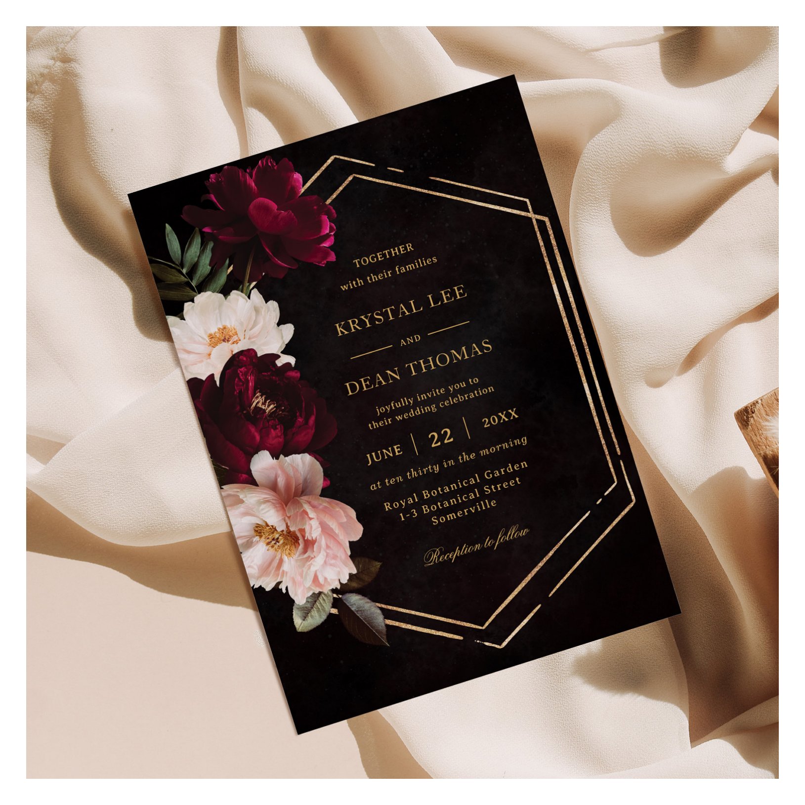 Moody Burgundy Blush Pink Floral Peonies Wedding Invitation