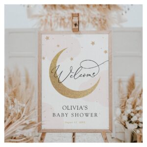 Moon and Stars Pink Baby Shower Welcome Sign