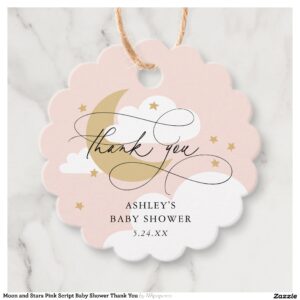 Moon and Stars Pink Script Baby Shower Thank You Favor Tags