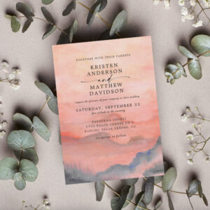 Mountain Rustic Sunset Watercolor Coral Wedding Invitation