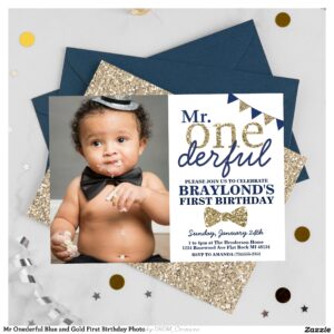 Mr Onederful Blue and Gold First Birthday Photo Invitation