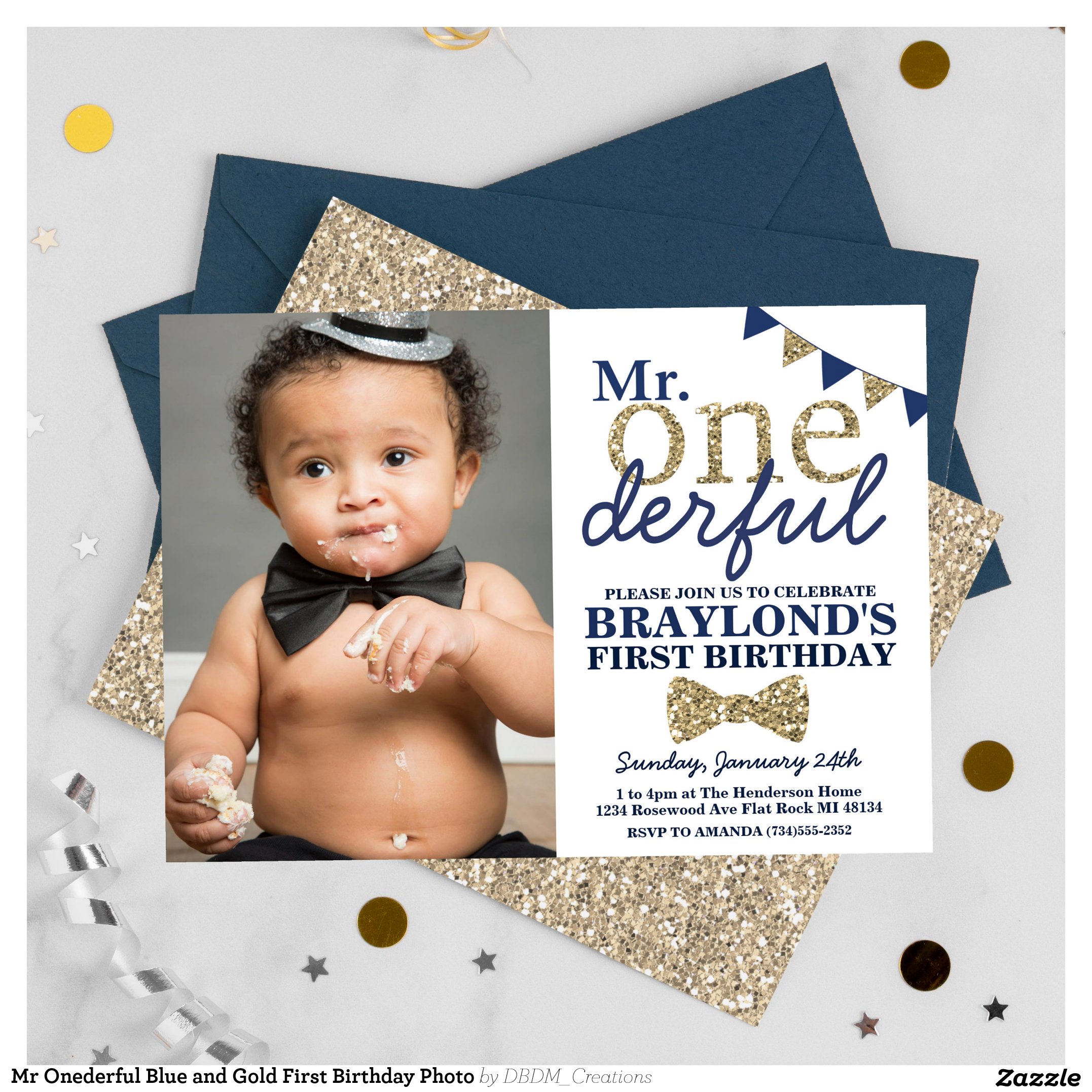 Mr Onederful Blue and Gold First Birthday Photo Invitation