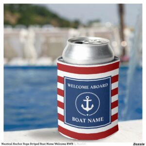 Nautical Anchor Rope Striped Boat Name Welcome RWB Can Cooler