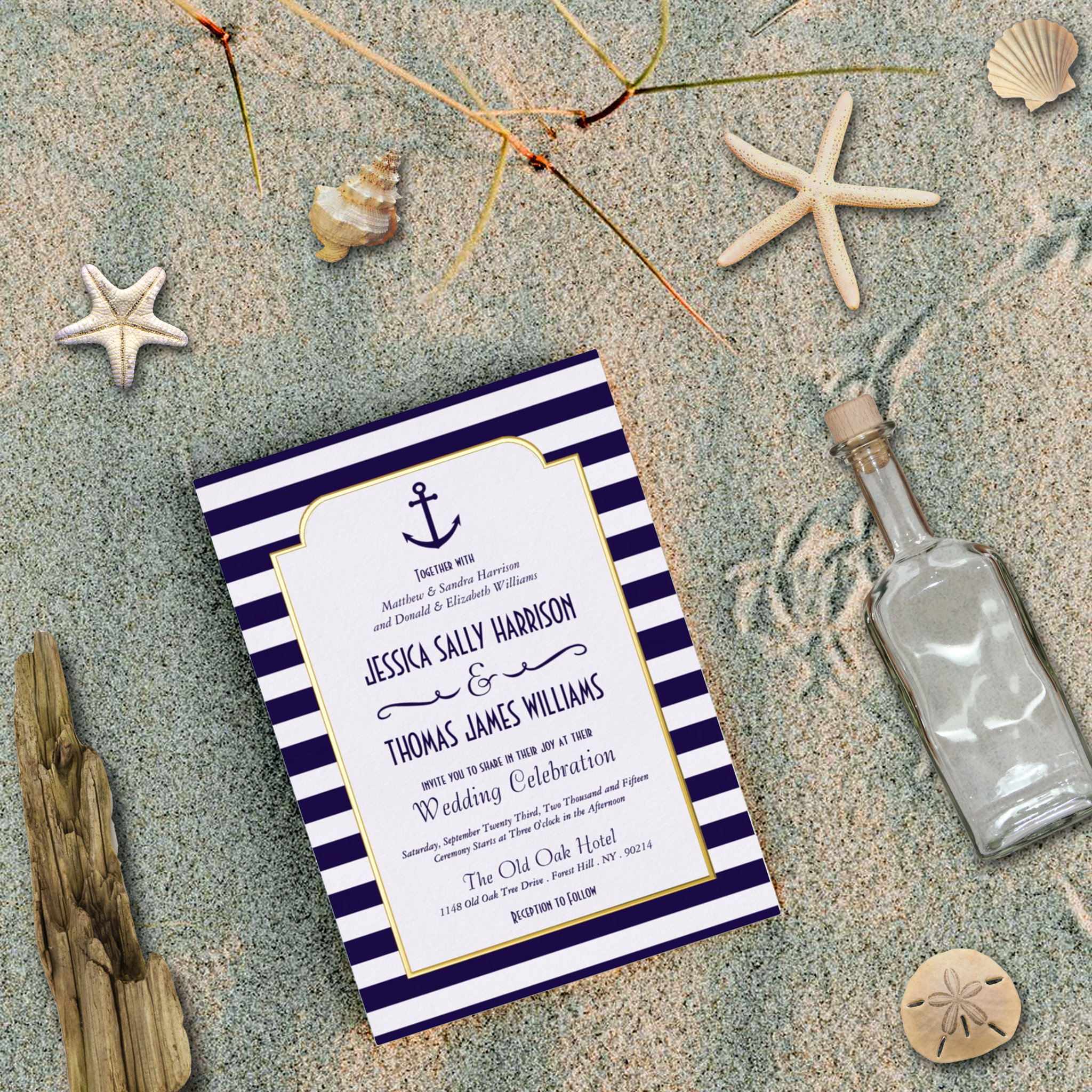 Nautical Navy & White Stripe Anchor Wedding Real Foil Invitation