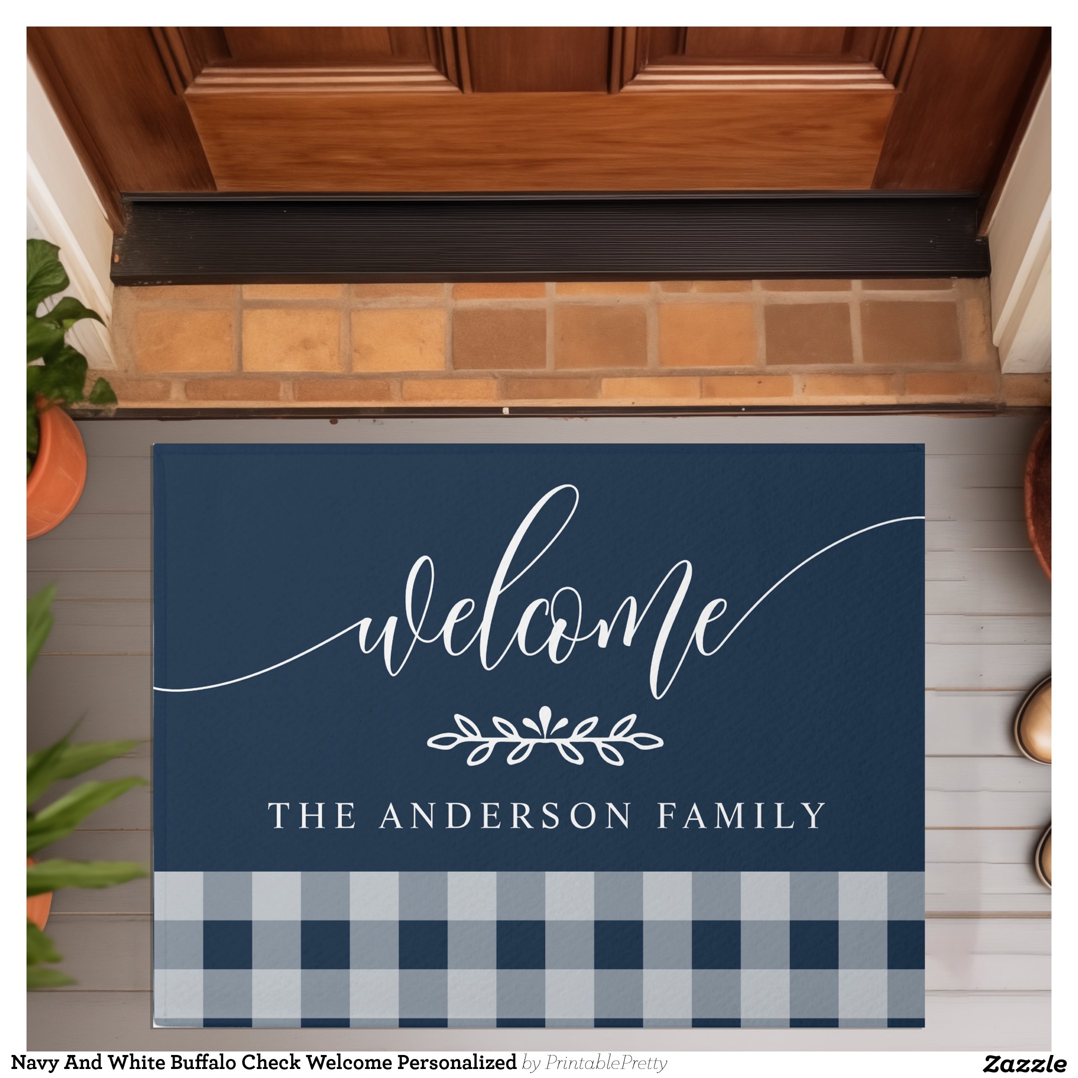 Navy And White Buffalo Check Welcome Personalized Doormat