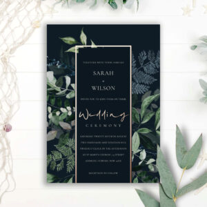 Navy Black Green Leafy Tropical Fauna Wedding Foil Invitation
