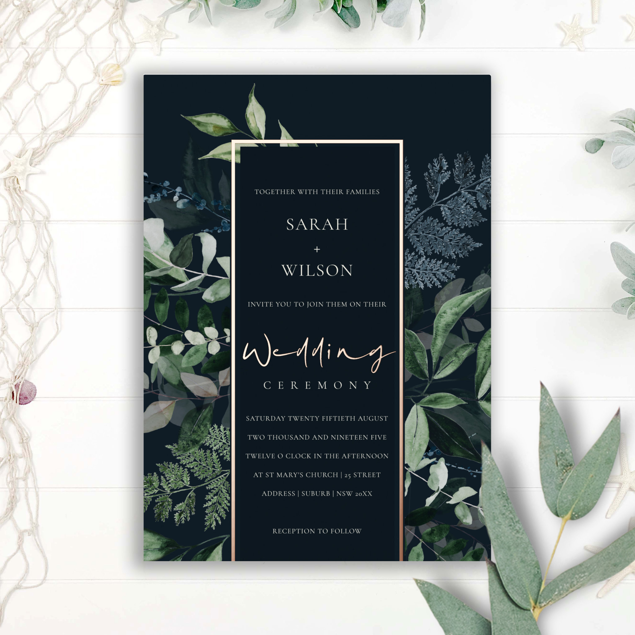 Navy Black Green Leafy Tropical Fauna Wedding Foil Invitation