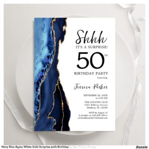 Navy Blue Agate White Gold Surprise 50th Birthday Invitation
