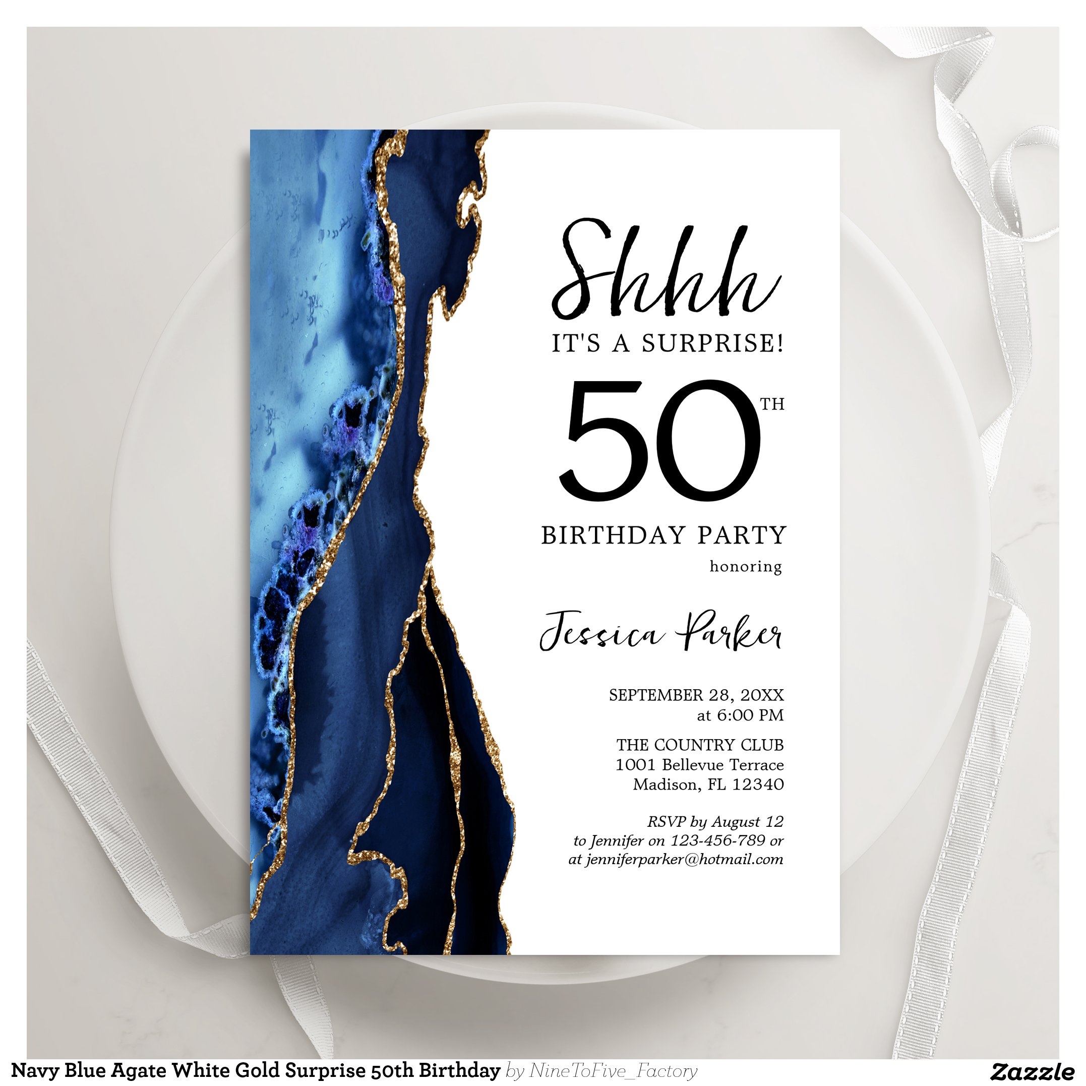 Navy Blue Agate White Gold Surprise 50th Birthday Invitation