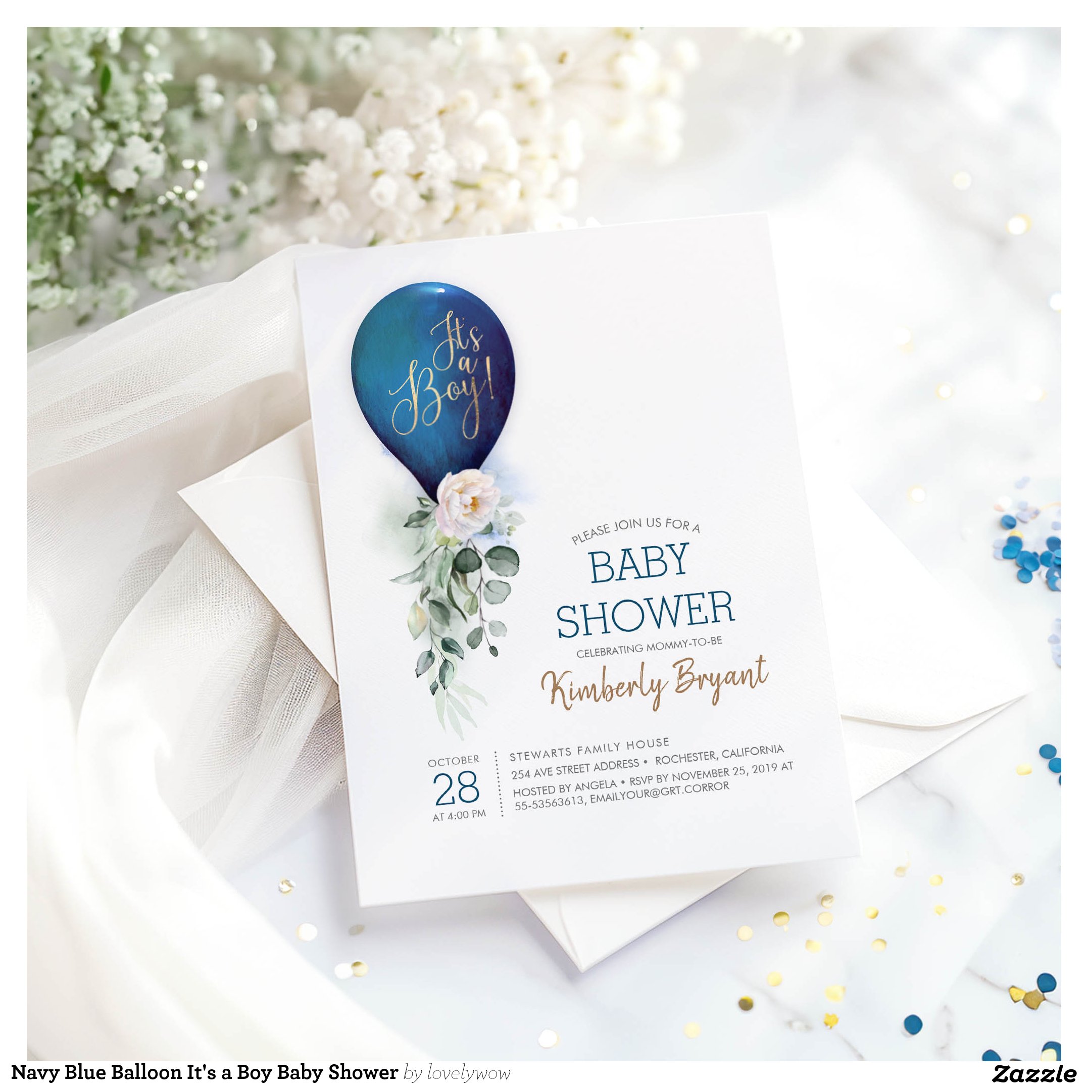 Navy Blue Balloon It's a Boy Baby Shower Invitation