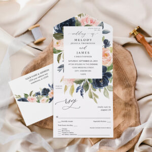 Navy Blue & Blush Pink Floral Wedding All In One Invitation