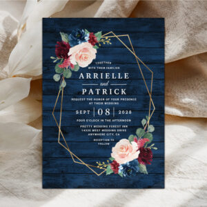 Navy Blue Burgundy Gold Blush Pink Country Wedding Invitation