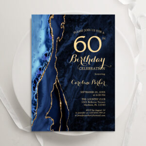Navy Blue Gold Agate 60th Birthday Invitation