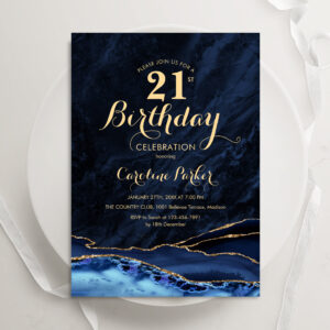 Navy Blue Gold Agate Marble 21st Birthday Invitation