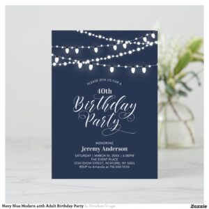 Navy Blue Modern 40th Adult Birthday Party Invitation