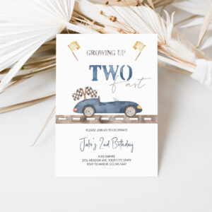 Navy Blue TWO Fast Race Car Birthday Invitation