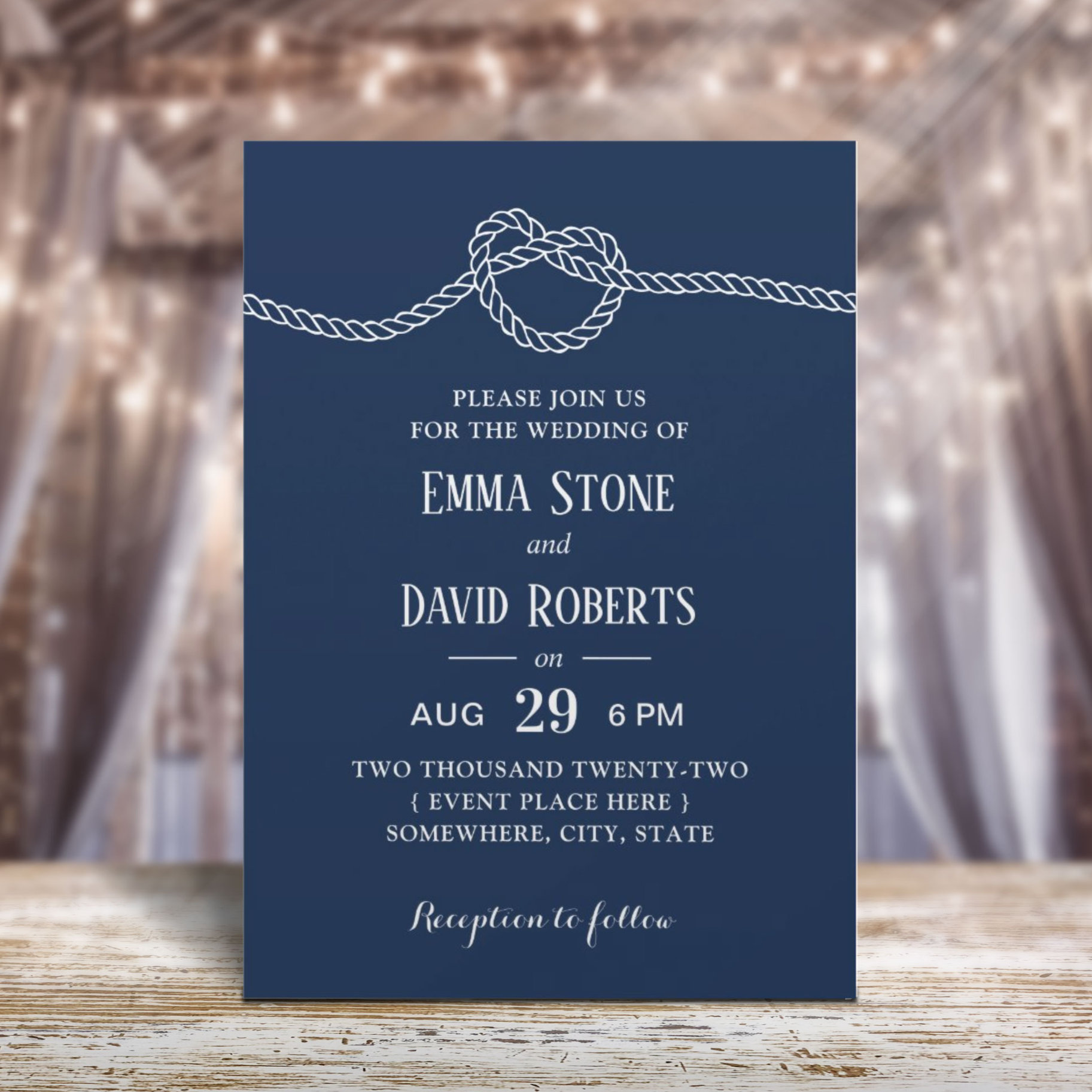 Navy Blue Tying the Knot Minimalist Summer Wedding Invitation