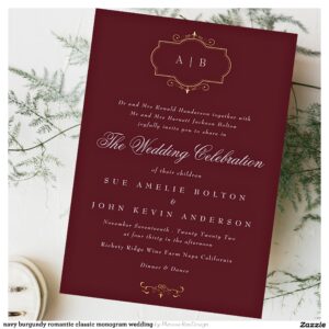 navy burgundy romantic classic monogram wedding foil invitation