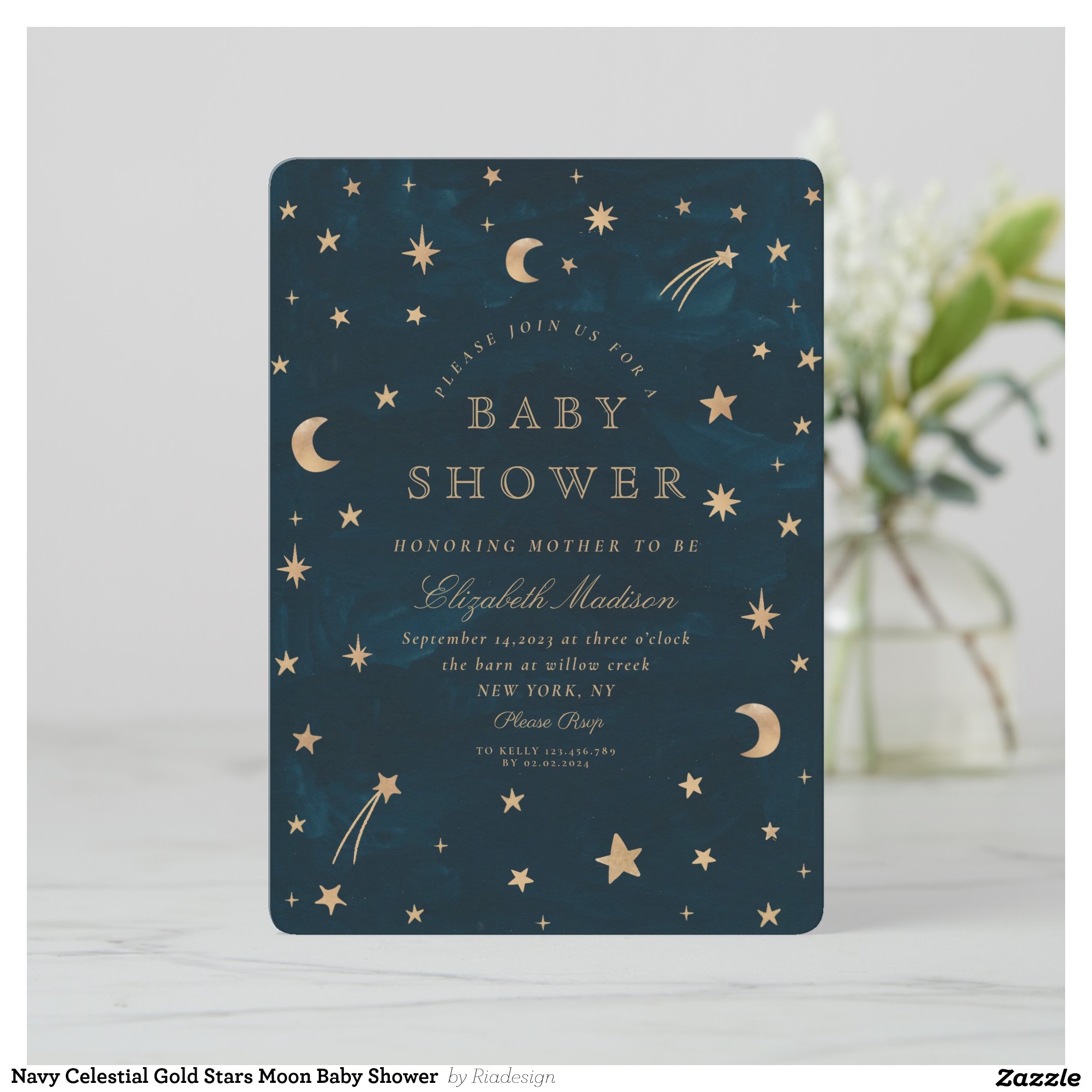 Navy Celestial Gold Stars Moon Baby Shower  Invitation