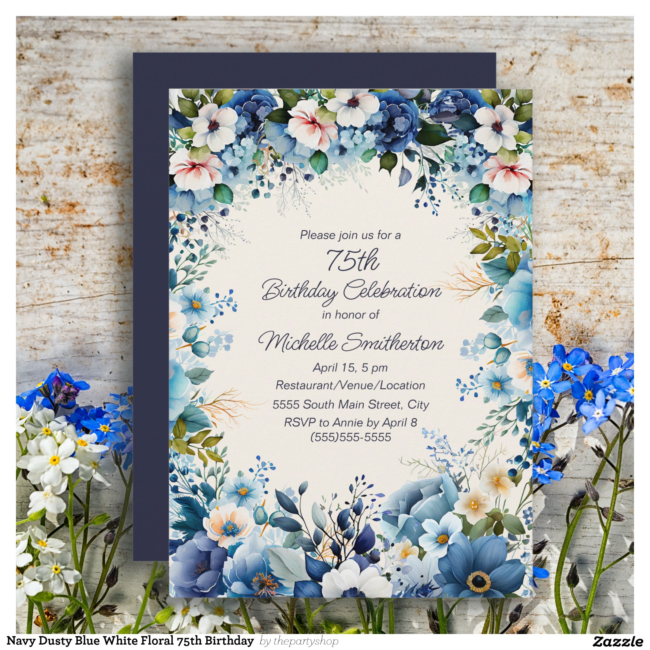 Navy Dusty Blue White Floral 75th Birthday  Invitation