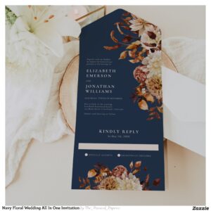Navy Floral Wedding All In One Invitation